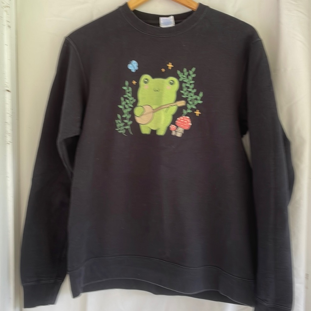 Size Medium Black Sweatshirt Frog playing Ukulele